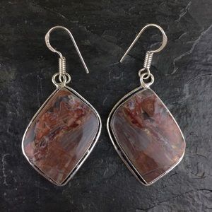 New Jasper or Agate Stone Hook Dangle Silver Earrings
